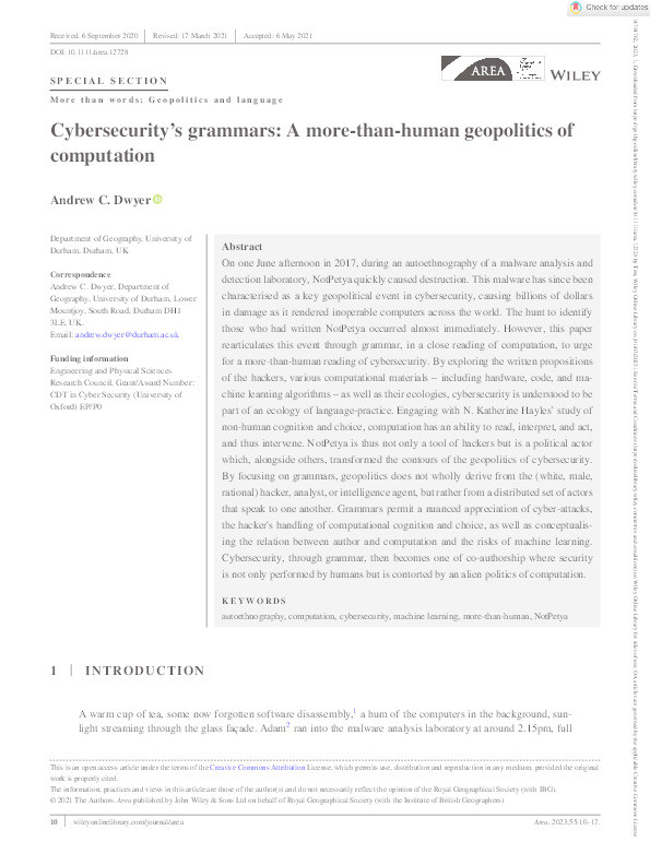 Cybersecurity’s Grammars: A More‐than‐Human Geopolitics of Computation Thumbnail