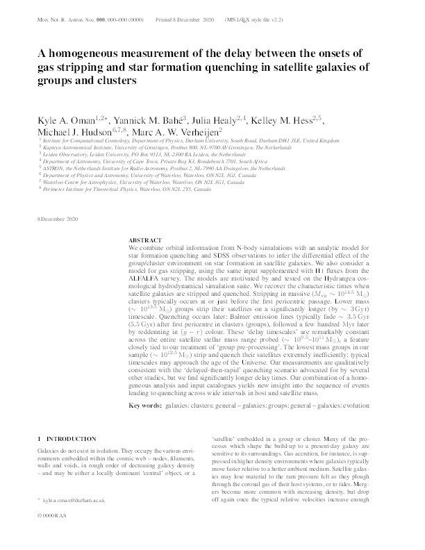 A homogeneous measurement of the delay between the onsets of gas stripping and star formation quenching in satellite galaxies of groups and clusters Thumbnail