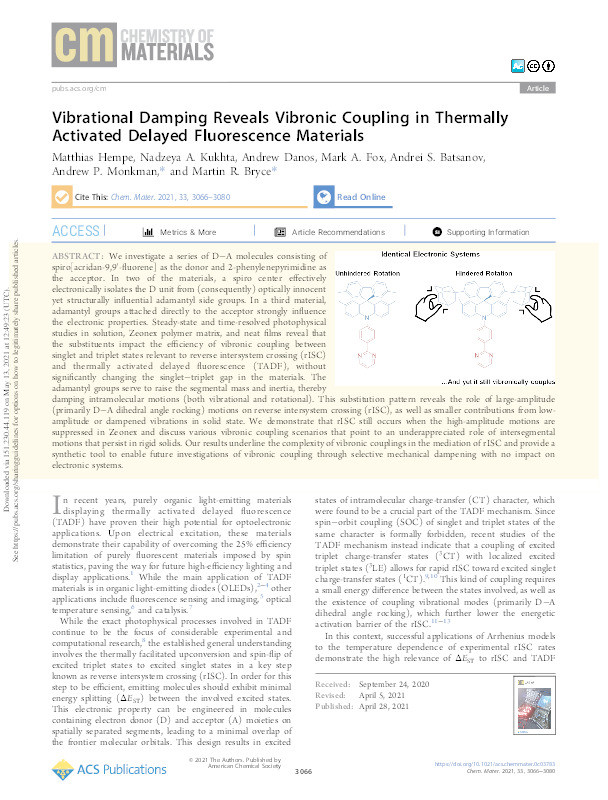 Vibrational Damping Reveals Vibronic Coupling in Thermally Activated Delayed Fluorescence Materials Thumbnail