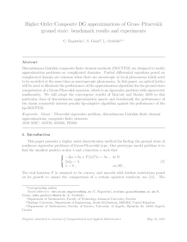 Higher Order Composite DG approximations of Gross–Pitaevskii ground state: benchmark results and experiments Thumbnail