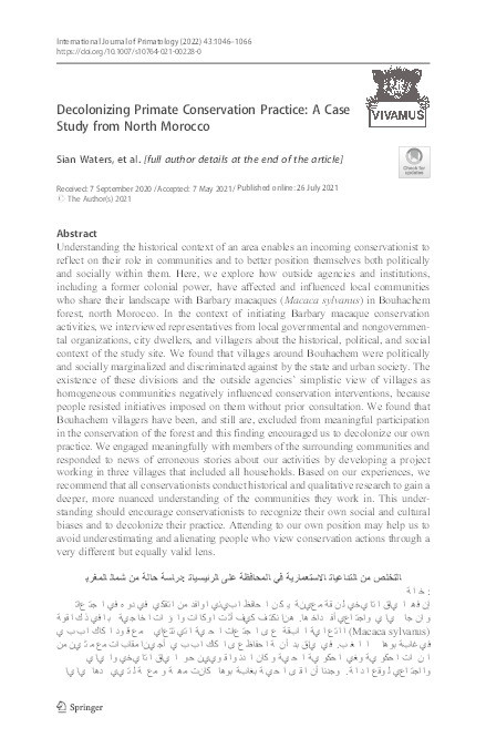 Decolonising Primate Conservation Practice: A Case Study from North Morocco Thumbnail
