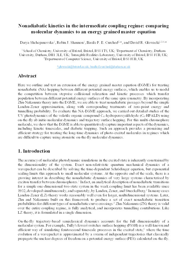 Nonadiabatic Kinetics in the Intermediate Coupling Regime: Comparing Molecular Dynamics to an Energy-Grained Master Equation Thumbnail