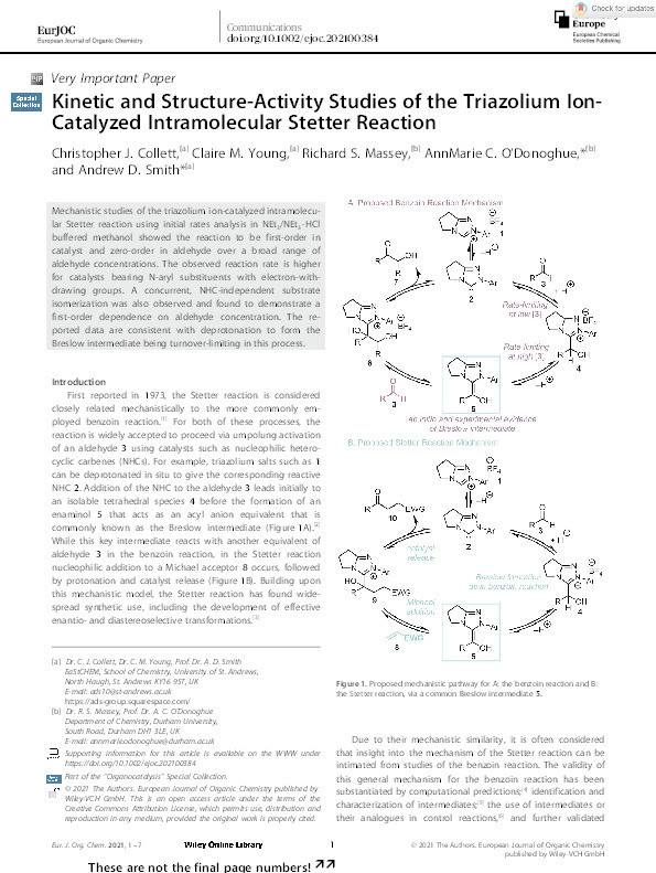 Kinetic and Structure–Activity Studies of the Triazolium Ion– catalyzed Intramolecular Stetter Reaction Thumbnail