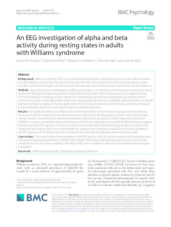 An EEG investigation of alpha and beta activity during resting states in adults with Williams syndrome Thumbnail