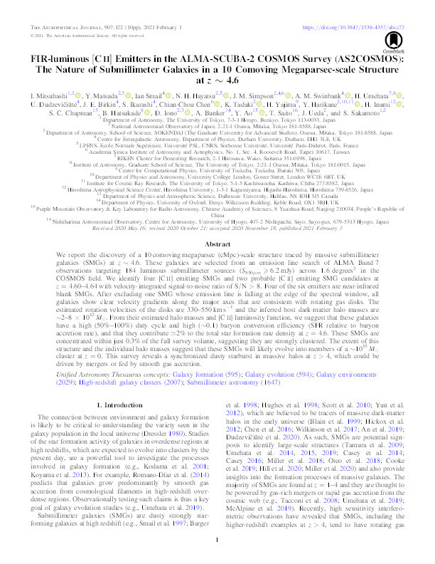 FIR-luminous [C II] Emitters in the ALMA-SCUBA-2 COSMOS Survey (AS2COSMOS): The Nature of Submillimeter Galaxies in a 10 Comoving Megaparsec-scale Structure at z \ensuremath\sim 4.6 Thumbnail