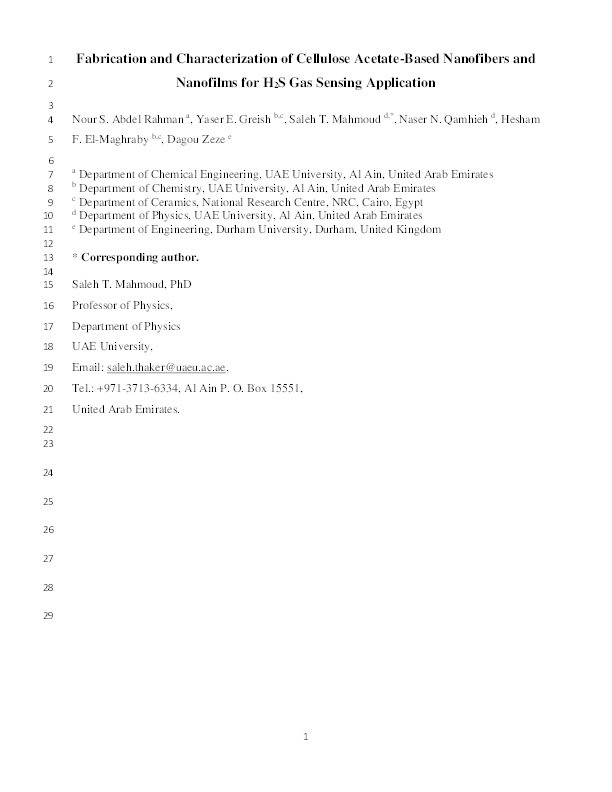 Fabrication and characterization of cellulose acetate-based nanofibers and nanofilms for H2S gas sensing application Thumbnail