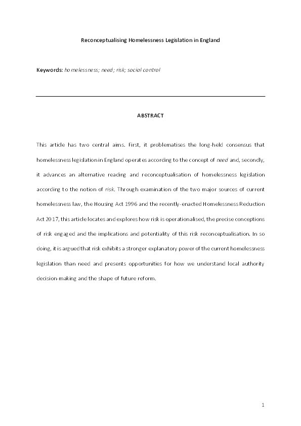 Reconceptualising Homelessness Legislation in England Thumbnail