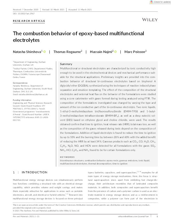 The combustion behavior of epoxy‐based multifunctional electrolytes Thumbnail
