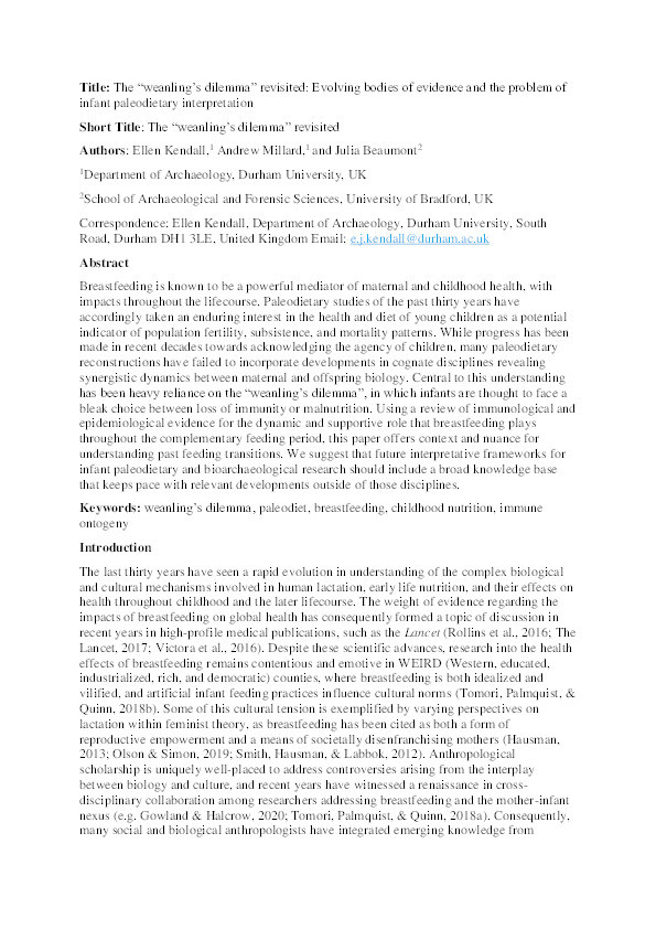 The “weanling’s dilemma” revisited: Evolving bodies of evidence and the problem of infant paleodietary interpretation Thumbnail