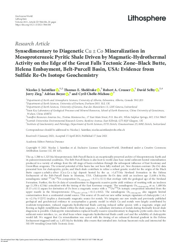 Syn-sedimentary to diagenetic Cu ± Co mineralization in Mesoproterozoic pyritic shale driven by magmatic-hydrothermal activity on the edge of the Great Falls tectonic zone – Black Butte, Helena Embayment, Belt-Purcell Basin, USA: Evidence from sulfide Re-Os isotope geochemistry Thumbnail