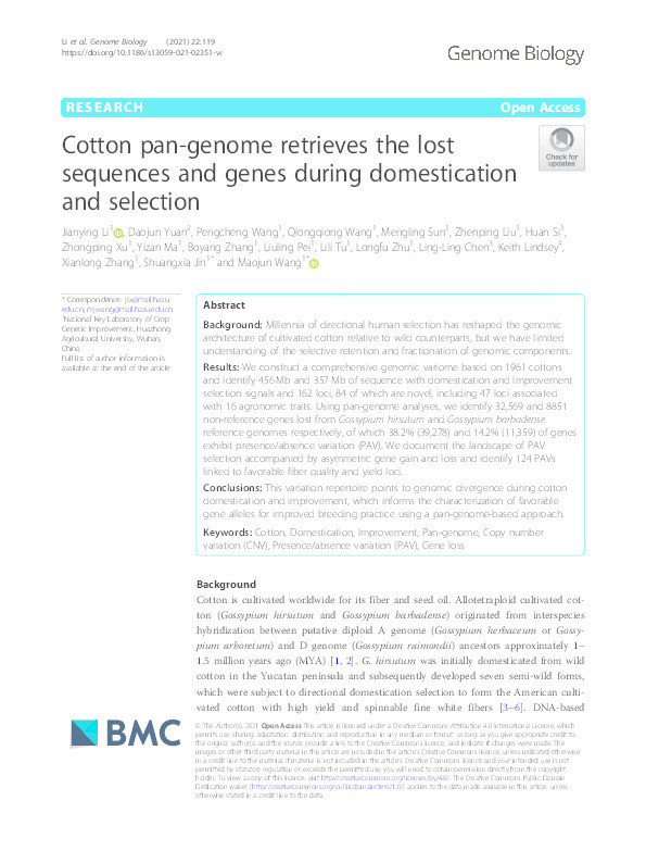 Cotton pan-genome retrieves the lost sequences and genes during domestication and selection Thumbnail