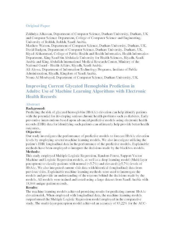 Improving Current Glycated Hemoglobin Prediction in Adults: Use of Machine Learning Algorithms with Electronic Health Records Thumbnail