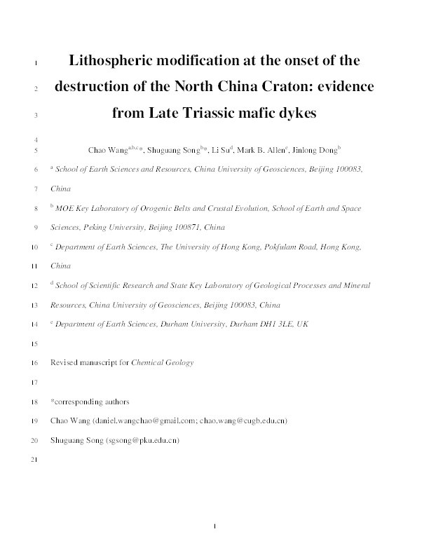 Lithospheric modification at the onset of the destruction of the North China Craton: Evidence from Late Triassic mafic dykes Thumbnail