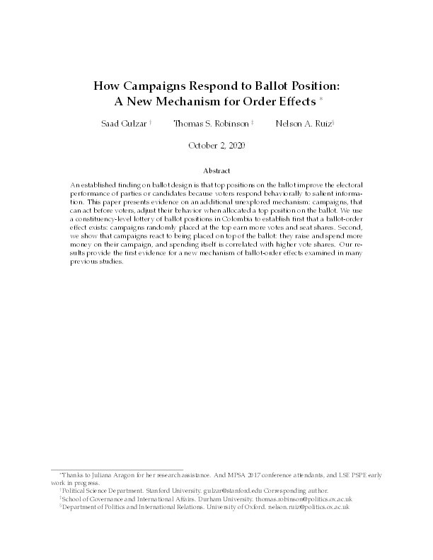 How Campaigns Respond to Ballot Position: A New Mechanism for Order Effects Thumbnail