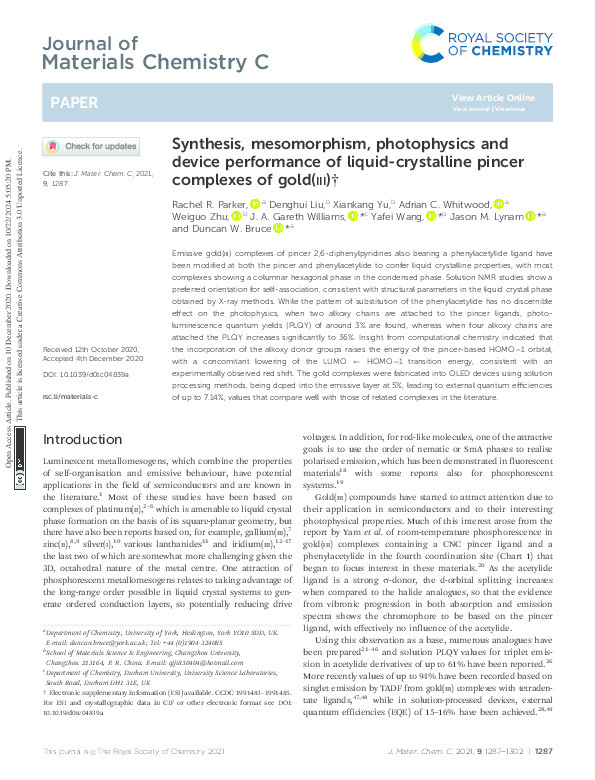 Synthesis, Mesomorphism, Photophysics and Device Performance of Liquid-crystalline Pincer Complexes of Gold(III) Thumbnail