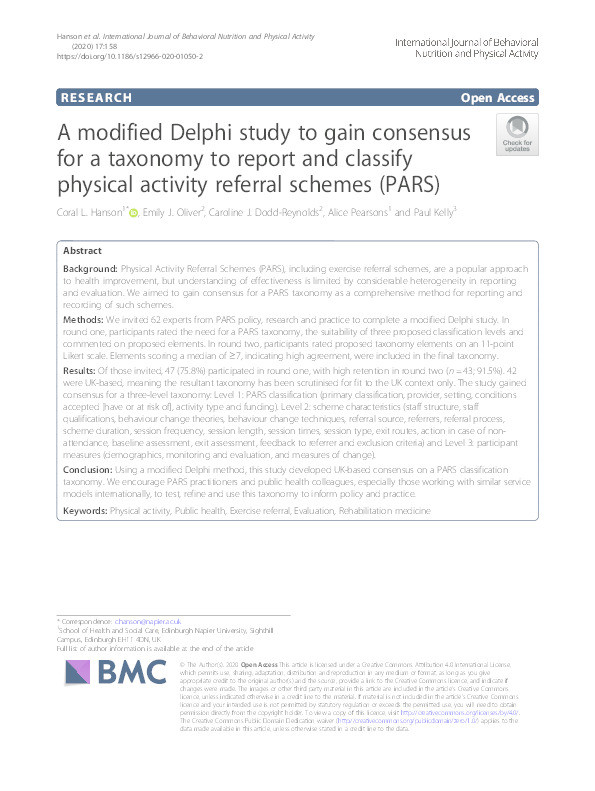 A modified Delphi study to gain consensus for a taxonomy to report and classify physical activity referral schemes (PARS) Thumbnail