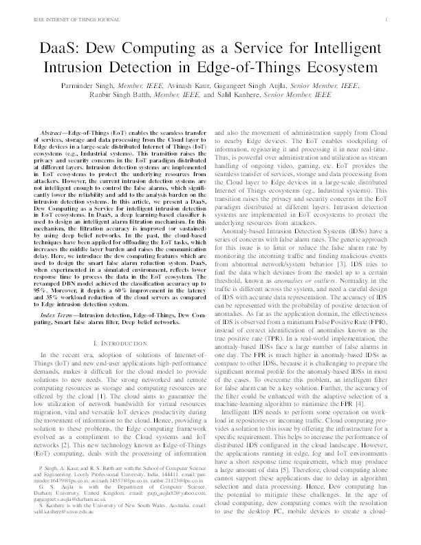 DaaS: Dew Computing as a Service for Intelligent Intrusion Detection in Edge-of-Things Ecosystem Thumbnail