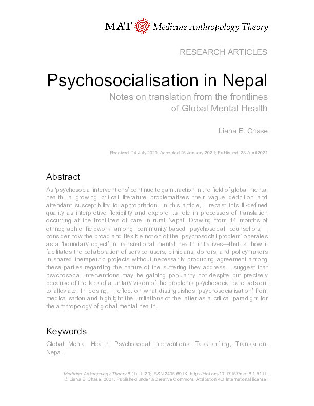 Psychosocialization in Nepal: Notes on translation from the frontlines of global mental health Thumbnail