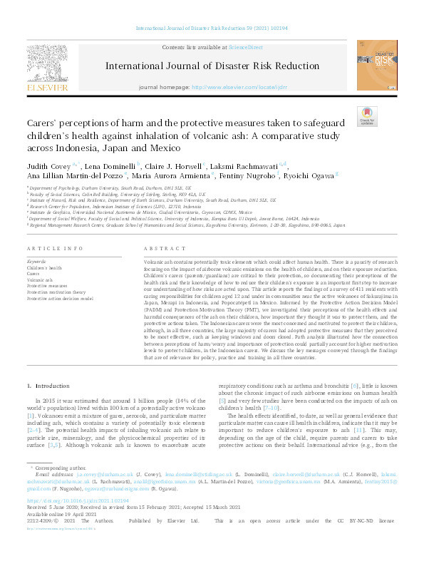 Carers' perceptions of harm and the protective measures taken to safeguard children's health against inhalation of volcanic ash: A comparative study across Indonesia, Japan and Mexico Thumbnail