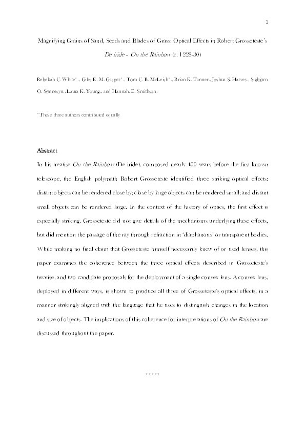 Magnifying Grains of Sand, Seeds, and Blades of Grass: Optical Effects in Robert Grosseteste’s De iride (On the Rainbow) (circa 1228–1230) Thumbnail