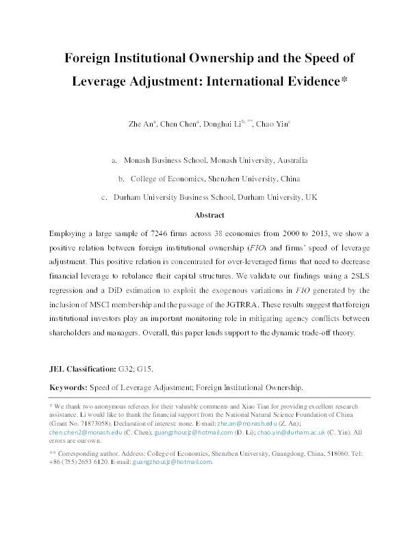 Foreign Institutional Ownership and the Speed of Leverage Adjustment: International Evidence Thumbnail