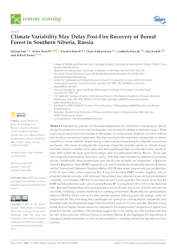 Climate variability may delay post-fire recovery of boreal forest in southern Siberia, Russia Thumbnail