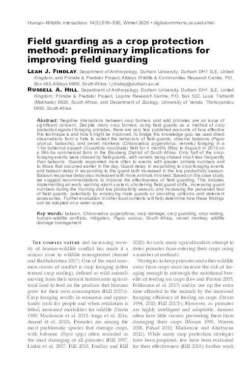 Field guarding as a crop protection method: Preliminary implications for improving field guarding Thumbnail