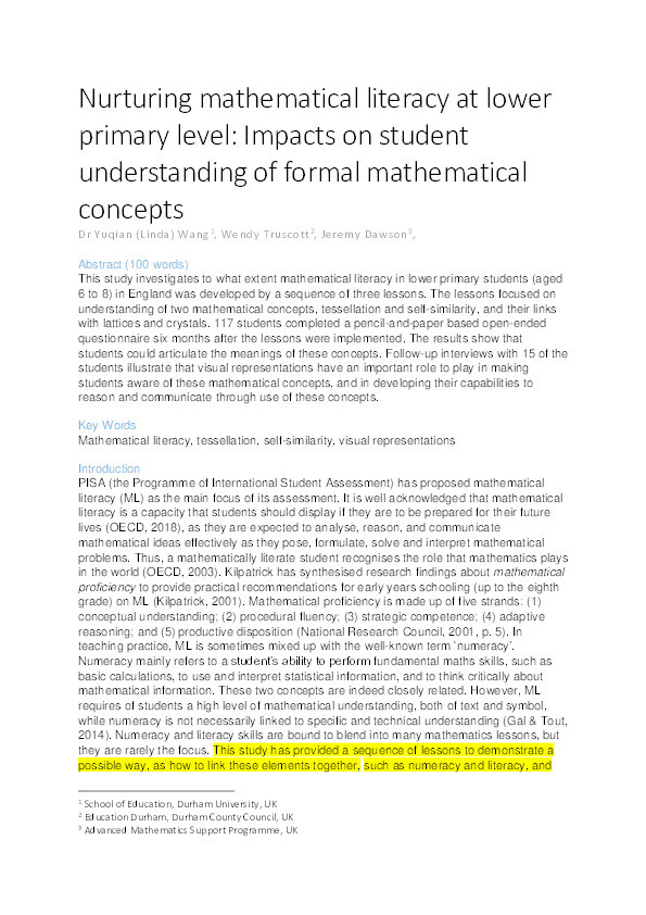 Nurturing mathematical literacy at lower primary level: impacts on student understanding of formal mathematical concepts Thumbnail