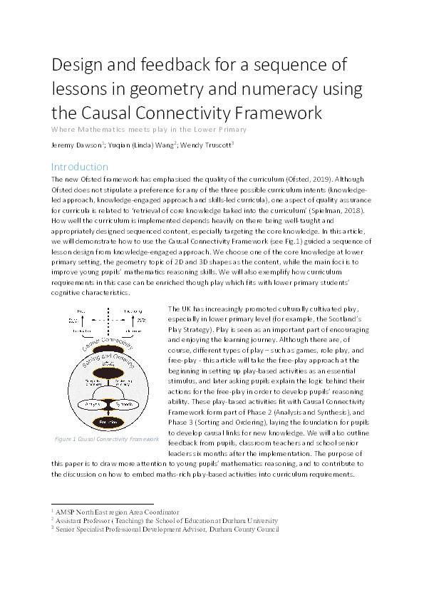 Design and feedback for a sequence of lessons in geometry and numeracy using the Causal Connectivity Framework Thumbnail