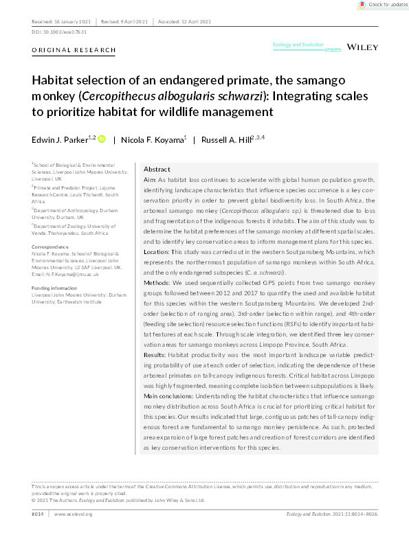 Habitat selection of an endangered primate, the samango monkey (Cercopithecus albogularis schwarzi): integrating scales to prioritise habitat for wildlife management Thumbnail