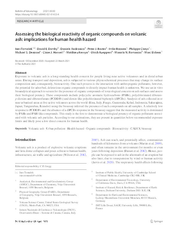 Assessing the biological reactivity of organic compounds on volcanic ash: implications for human health hazard Thumbnail
