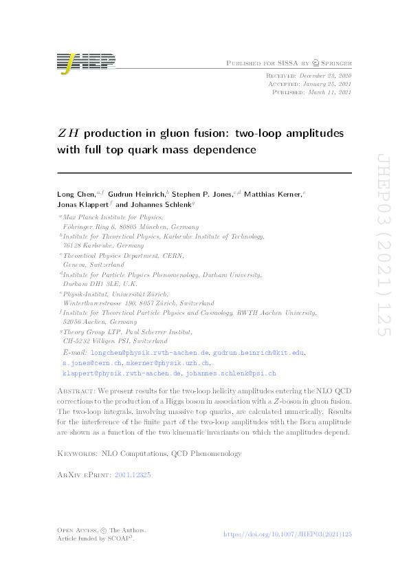 ZH production in gluon fusion: two-loop amplitudes with full top quark mass dependence Thumbnail