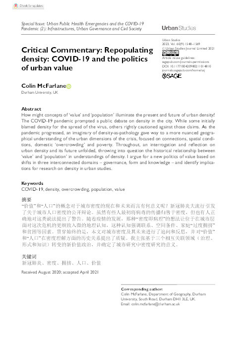 Repopulating density: Covid-19 and the politics of urban value Thumbnail