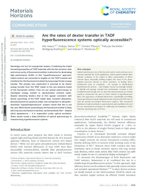 Are the Rates of Dexter Transfer in TADF Hyperfluorescence Systems Optically Accessible? Thumbnail