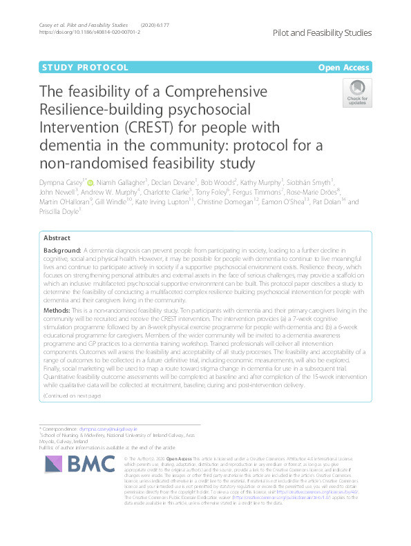 The feasibility of a Comprehensive Resilience-building psychosocial Intervention (CREST) for people with dementia in the community: protocol for a non-randomised feasibility study Thumbnail