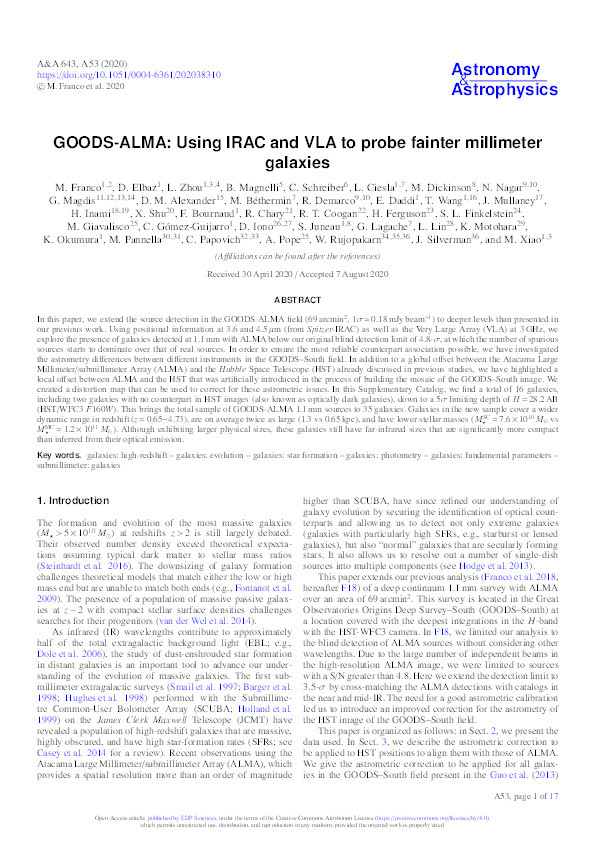 GOODS-ALMA: Using IRAC and VLA to probe fainter millimeter galaxies Thumbnail