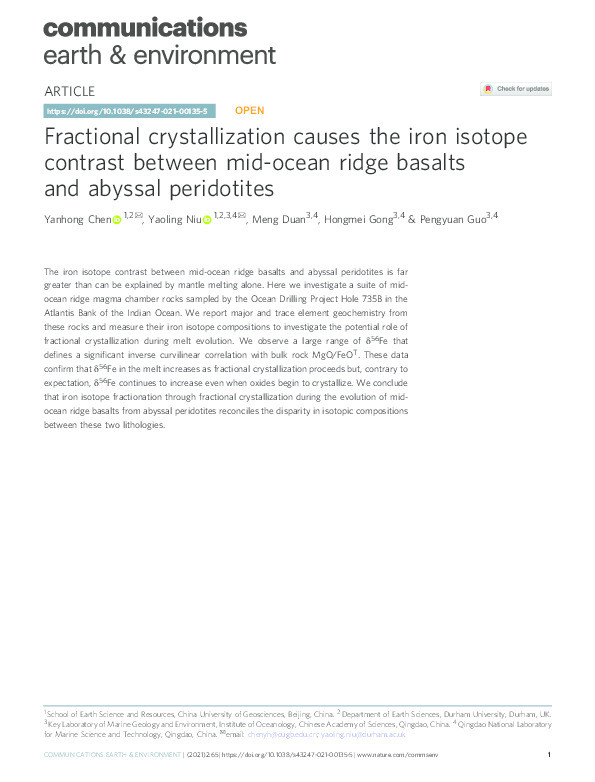 Fractional crystallization causes the iron isotope contrast between mid-ocean ridge basalts and abyssal peridotites Thumbnail
