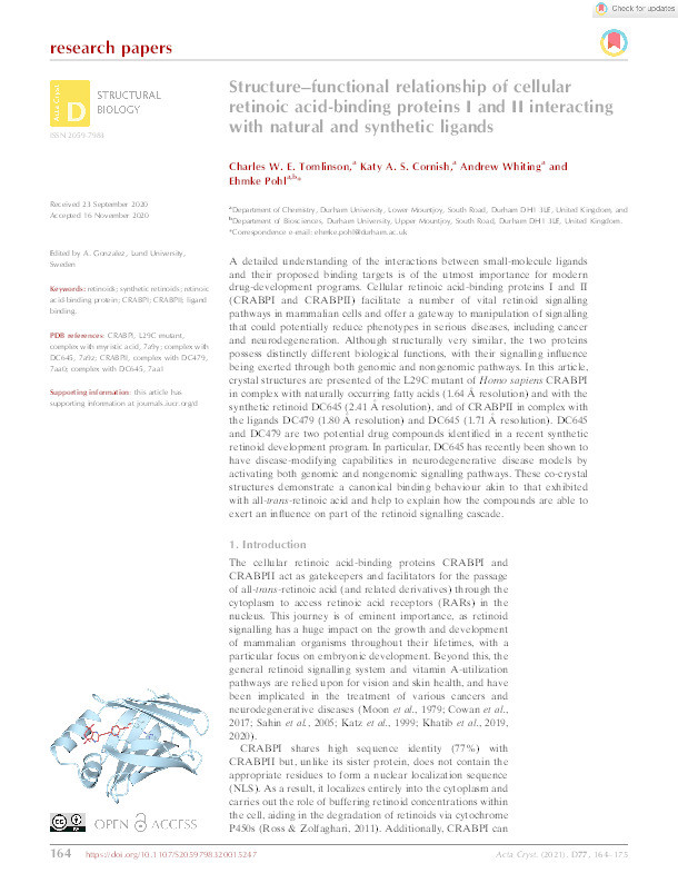 Structure-functional relationship of cellular retinoic acid binding proteins I and II interacting with natural and synthetic ligands Thumbnail