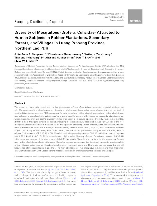 Diversity of Mosquitoes (Diptera: Culicidae) Attracted to Human Subjects in Rubber Plantations, Secondary Forests, and Villages in Luang Prabang Province, Northern Lao PDR Thumbnail