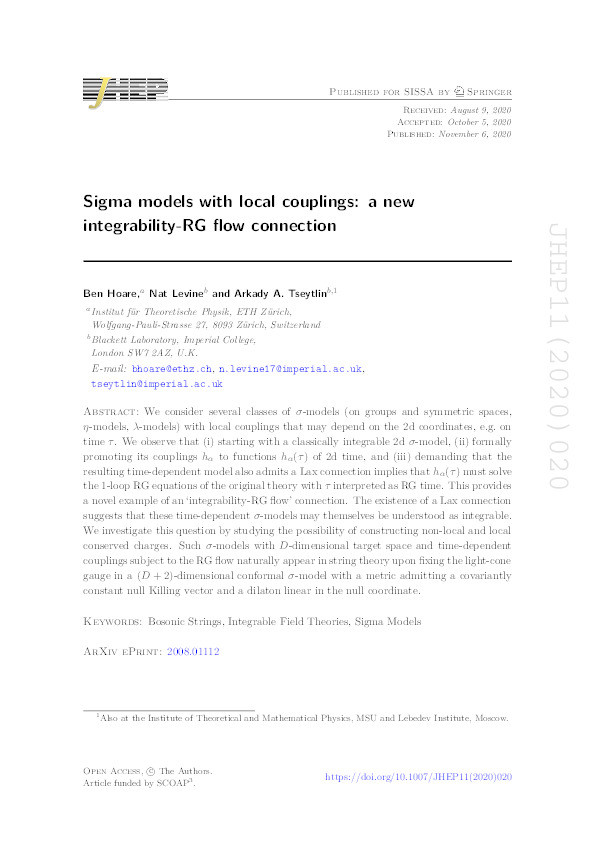 Sigma models with local couplings: a new integrability-RG flow connection Thumbnail