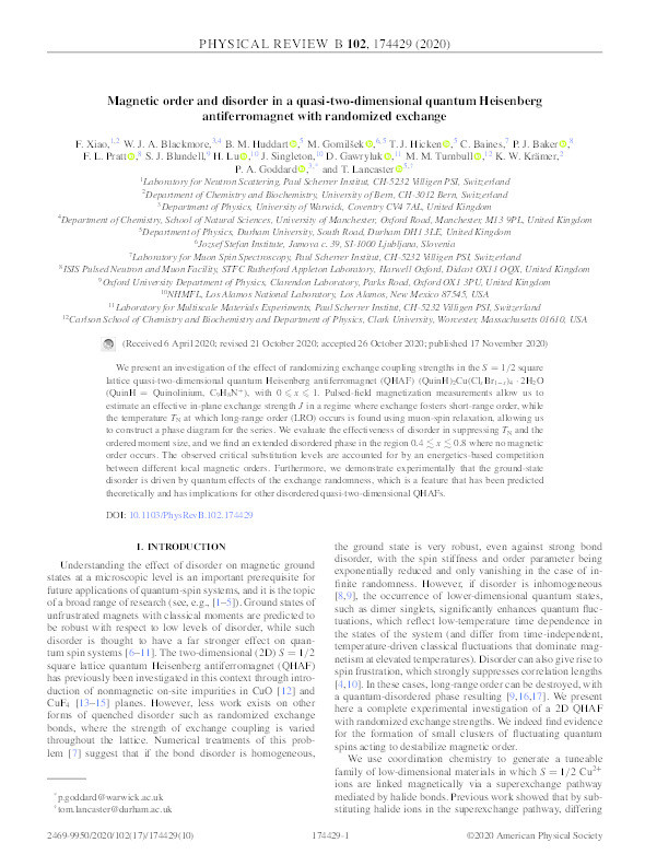 Magnetic order and disorder in a quasi-two-dimensional quantum Heisenberg antiferromagnet with randomized exchange Thumbnail