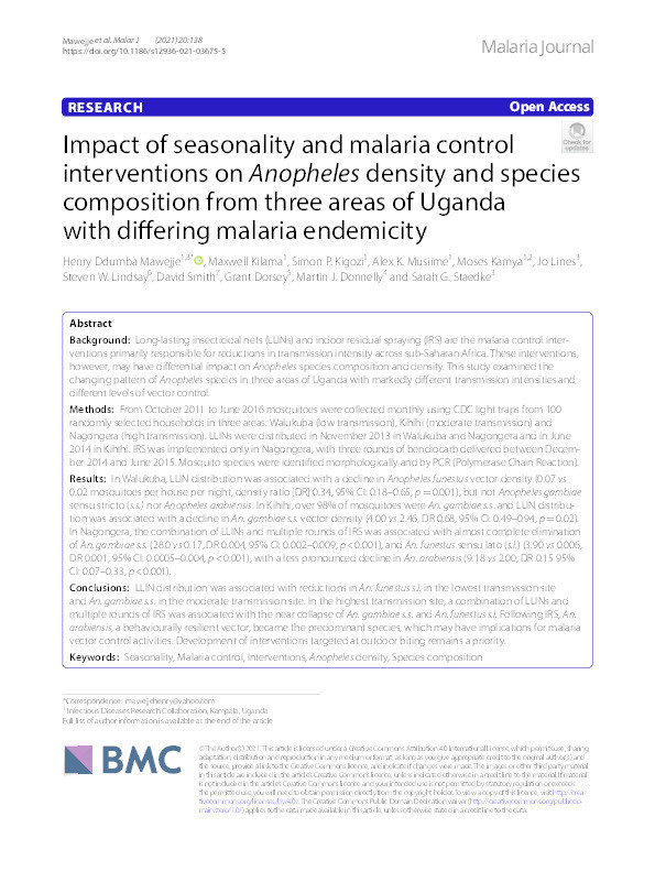 Impact of seasonality and malaria control interventions on Anopheles density and species composition from three areas of Uganda with differing malaria endemicity Thumbnail