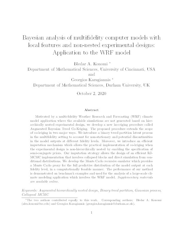 Bayesian analysis of multifidelity computer models with local features and non-nested experimental designs: Application to the WRF model Thumbnail
