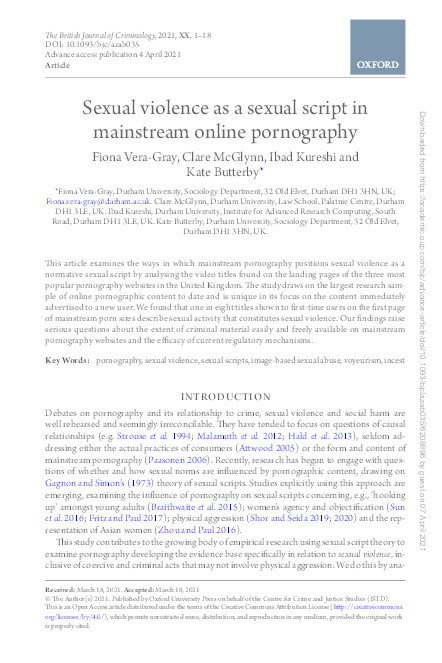 Sexual violence as a sexual script in mainstream online pornography Thumbnail