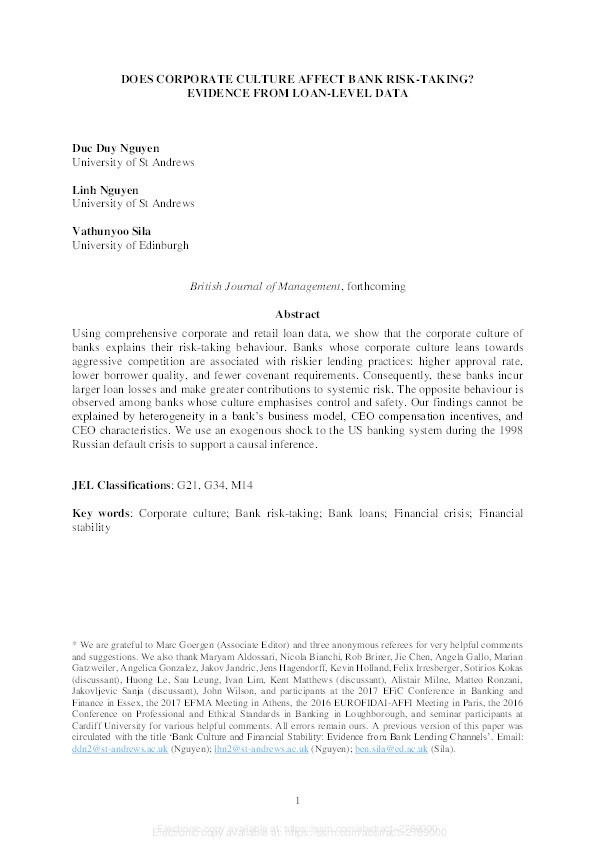 Does Corporate Culture Affect Bank Risk-Taking? Evidence from Loan-Level Data Thumbnail