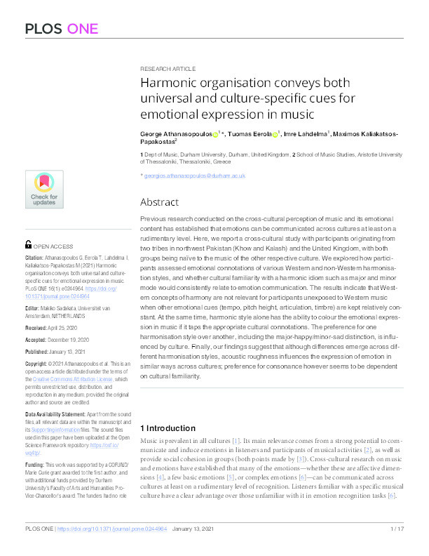 Harmonic organisation conveys both universal and culture-specific cues for emotional expression in music Thumbnail