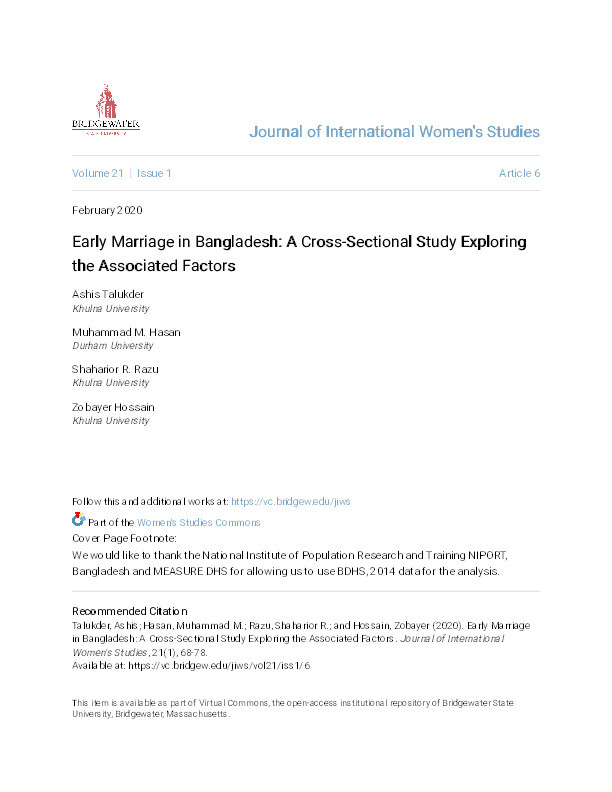 Early Marriage in Bangladesh: A Cross-Sectional Study Exploring the Associated Factors Thumbnail