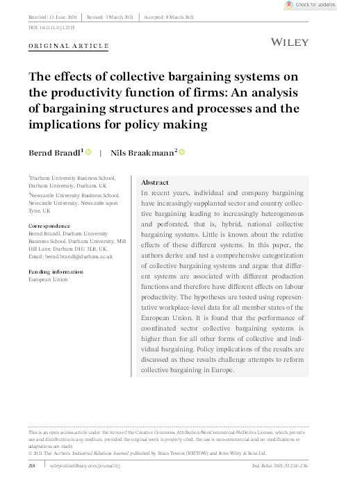The Effects of Collective Bargaining Systems on the Productivity Function of Firms: An Analysis of Bargaining Structures and Processes and the Implications for Policy Making Thumbnail