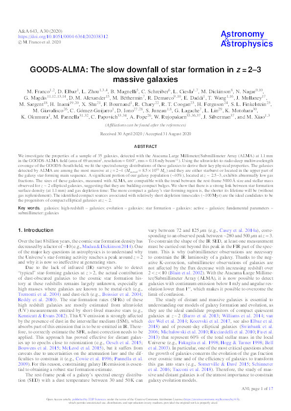 GOODS-ALMA: The slow downfall of star formation in z = 2–3 massive galaxies Thumbnail