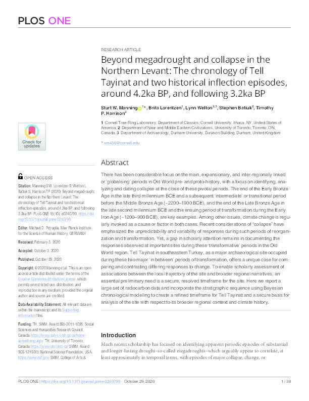 Beyond megadrought and collapse in the Northern Levant: The chronology of Tell Tayinat and two historical inflection episodes, around 4.2ka BP, and following 3.2ka BP Thumbnail